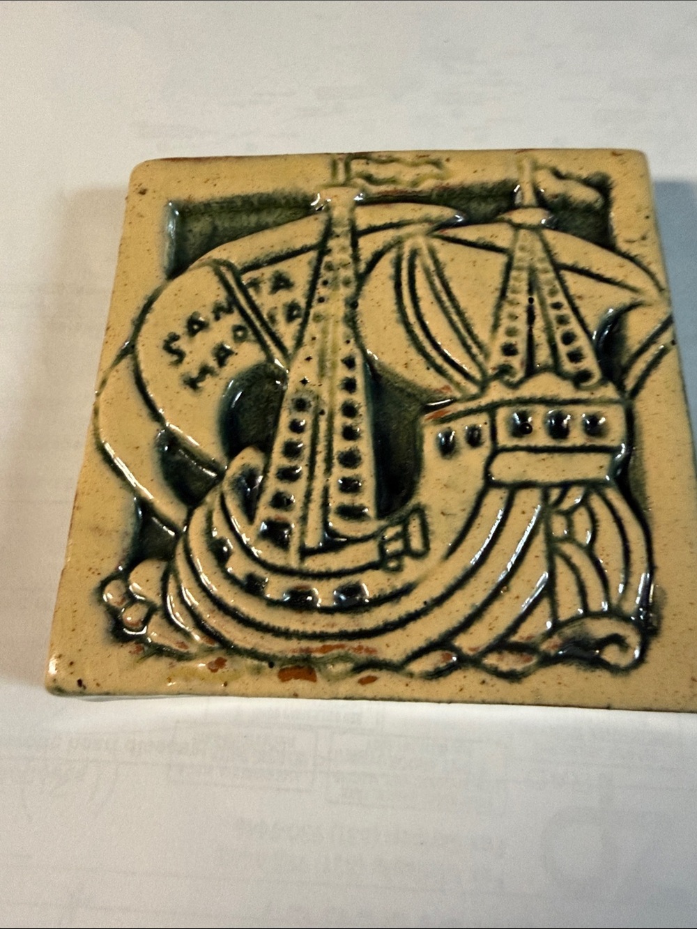 Moravian Handcrafted Ceramic Santa Maria Sailing Tile Art - Cream and Green